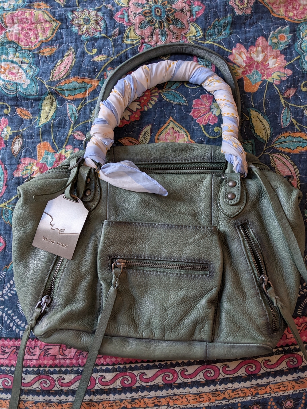 Free People Olive Green Leather Shoulder Bag with Scarf-Wrapped Handle